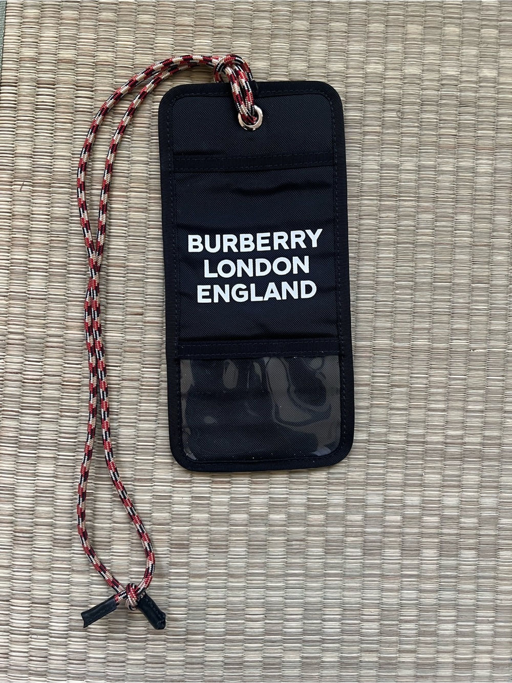 Burberry Black Logo Lanyard Concert ID Wallet with Red-Patterned Cord